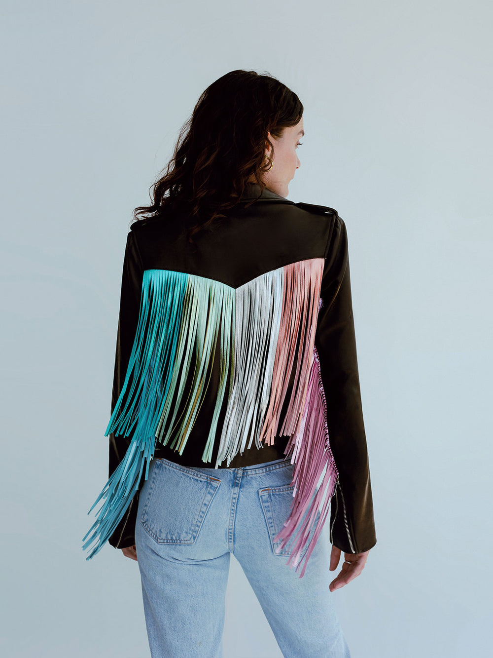 fringe patched metallic stripe jacket